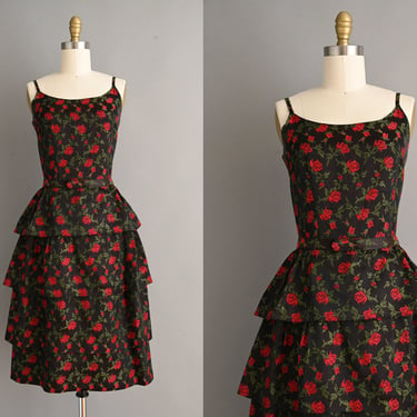 vintage 1950s Dress | Red Rose Clayton Fashion Cocktail Party Dress | Small 