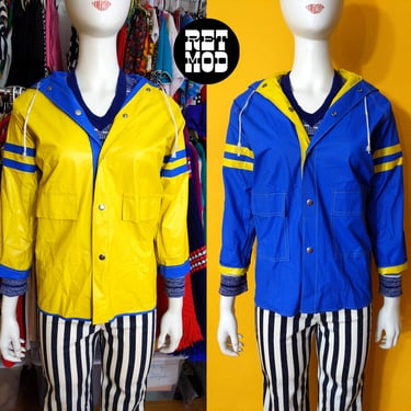 Cool Vintage 70s Blue Yellow Reversible Raincoat with Stripes & Hood 