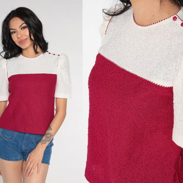 Knit Puff Sleeve Top 80s Raspberry White Color Block Short Sleeve Sweater Top Retro Blouse Bohemian Knitwear Vintage 1980s Extra Small xs 