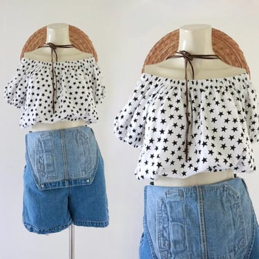 off shoulder crop top - m - vintage 90s 1990s black white knit elastic cropped star short womens summer shirt blouse 