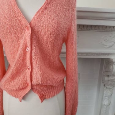 1960s Pink Knit Cardigan Wondamere / 60s Button Down Ladies Sweater Textured Nubby / Elisa / Medium 