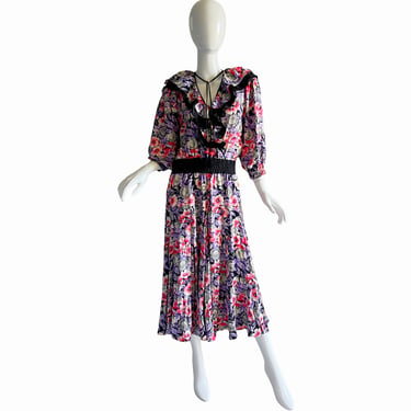 80s Diane Freis Silk Dress / Vintage Draped Bias Dress / 1980s Beaded Floral Dress Medium 