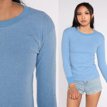 Baby Blue Thermal Shirt 70s Basic Long Sleeve Shirt Plain T Shirt Pastel Crewneck Top Retro Tee Tight Plain Vintage 1970s Mens Extra Small 