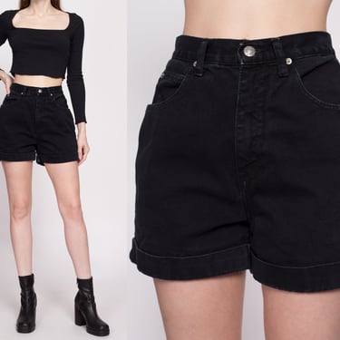90s High Waisted Black Jean Shorts - Small, 26" | Vintage Cuffed Denim Mom Shorts 