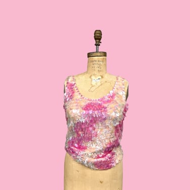 Vintage Tank Top Retro 1980s Hand Decorated + Paillette Sequins + Size Small + Mermaid + Pink + Iridescent + Party Wear + Womens Tops 