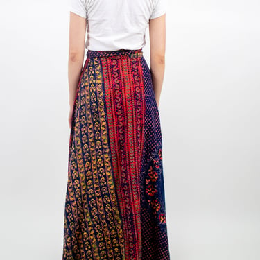1970s Indian Cotton Blue and Red Abstract Wrap Skirt