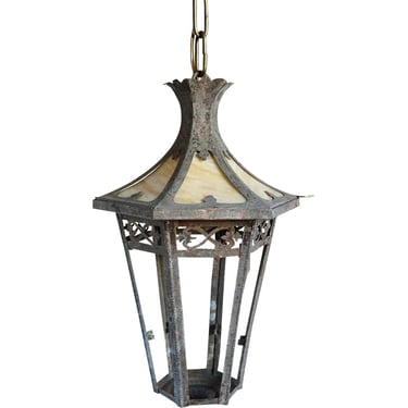 Antique American Arts and Crafts Brass Hexagonal Hanging Pendant Lantern 