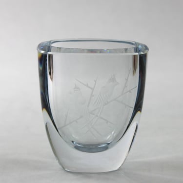 Strombergshyttan Sweden Etched Glass Vase Birds 