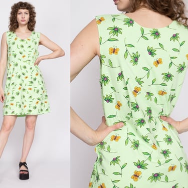 90s Daisy & Butterfly Print Mini Tank Dress - Large to XL | Vintage Green Floral Sleeveless Lounge Sundress 