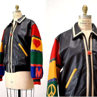 Vintage Moschino Leather Jacket Black Love Peace Heart Red and Black Navy Moschino Jeans ITaly Pop Art Rainbow Gay Pride Leather Jacket 