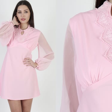 Vintage 70s Light Pink Barbiecore Dress / Bubblegum Pink Chiffon / Puff Sleeve CutOut Lace Bridal Mini 