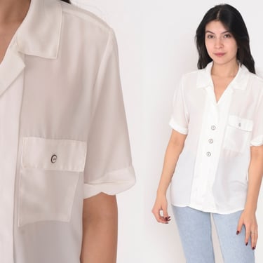White Button up Blouse 90s Sheer Top Pleated Shirt Short Sleeve Collared V Neck Basic Plain Preppy Chest Pocket Vintage 1990s Nicola Small S 