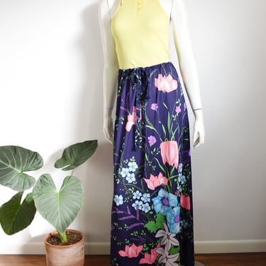70s Nylon Floral Maxi Skirt - S/M 