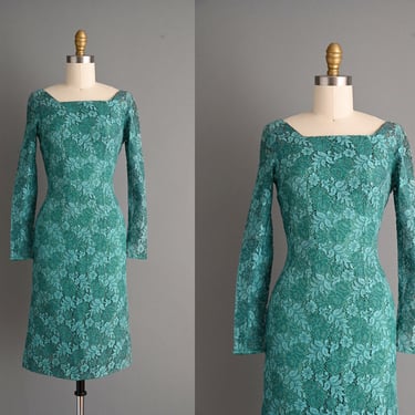 1950s vintage dress | Turquoise Lace Wiggle Dress | Small | 