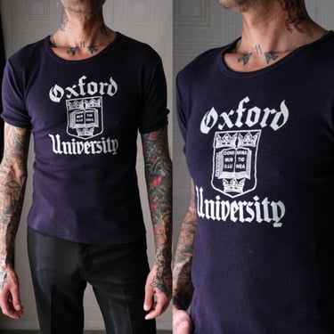 Vintage 70s OXFORD UNIVERSITY Deep Navy Blue Viscose Cotton Blend Banded Tee Shirt | Made in Portugal | 1960s 1970s College Unisex T-Shirt 