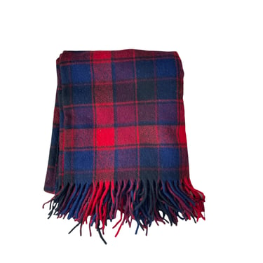 Vintage Scottish Wool Throw Plaid Rug Blanket Red Blue Stadium Blanket 