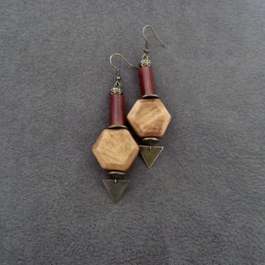 Earth tone wooden earrings, hexagon earrings, bold earrings, statement earrings, ethnic earrings, rustic natural earrings, antique bronze 