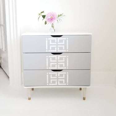 Lovely mid century end table,  Greek key, graphic, gray and white end table 