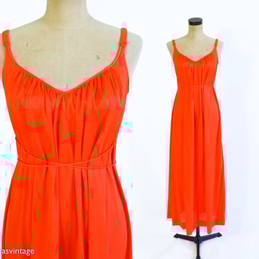 1960s Orange Slip Nightgown | 60s Orange Nylon Nightgown | Vanity Fair | Medium 
