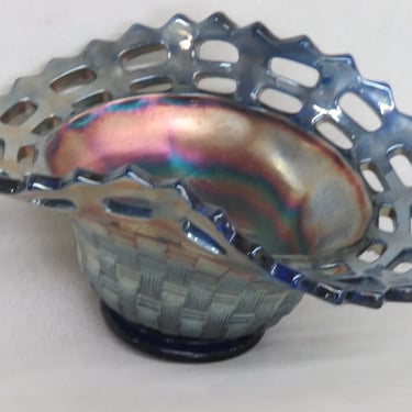Fenton Blue Carnival Glass Basket Weave Lace Edge Small Candy Dish Bowl 3313B