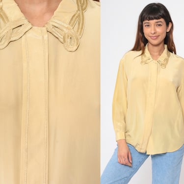 Silk Cutout Blouse 90s Muted Yellow Long Sleeve Hidden Button up Shirt Cutwork Collar Cut Out Secretary Vintage 1990s Oversized Small S 