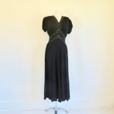 Vintage 1940's Black Rhinestone Studded Evening Long Dress 40's Formal Party Gown Rockabilly WW2 Era 31.5 Waist Size Medium 