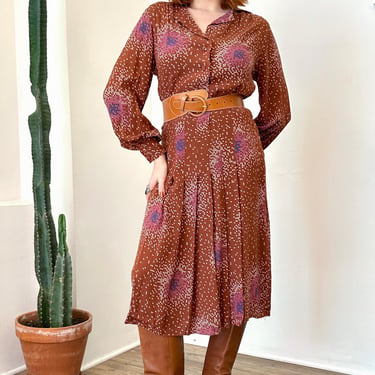 Vintage 1970s Dress / 70s Ferragamo Pixelated Silk Dress / Brown ( S M ) 