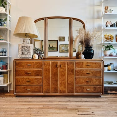 American of Martinsville Burl Wood Dresser and Trifold Mirror