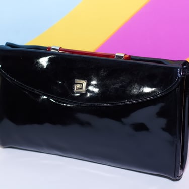 Vintage 60s/70s Black Patent Handbag with a Lucite Handle 