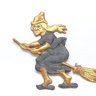 Antique Small 1920's German Halloween Die Cut Embossed Witch on Broom, Vintage Party Decor 