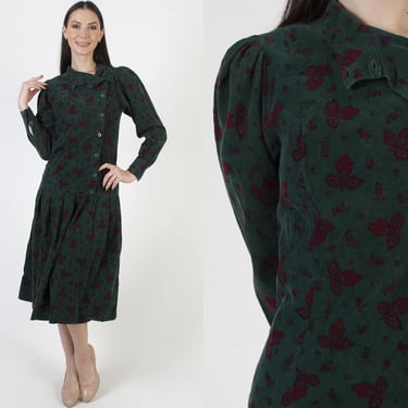 Laura Ashley Green Corduroy Dress, Vintage Thin Whale Material, Womens Cotton Drop Waist, Size US 6 