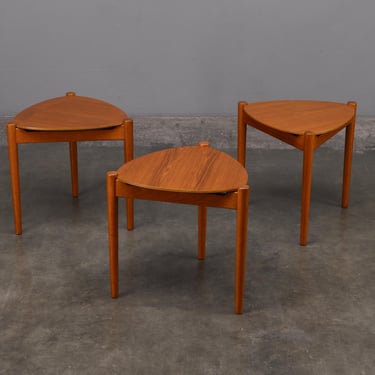 Trio of Reversible Stacking Stools Hans Olsen for Bramin Teak Side Tables Mid Century Danish Modern 