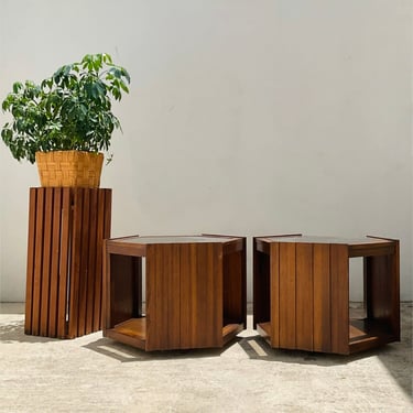 Walnut Hexagon Side Tables with Smoky Glass