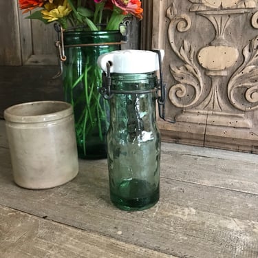 French L'ideal Glass Conserve Bottle, Preserve, Ceramic Lid, Aqua Green Glass Bottle, French Country Farmhouse Cuisine 