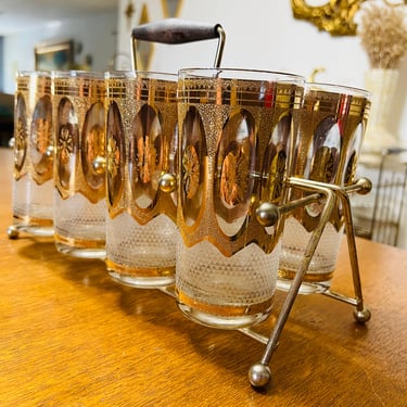 Mid Century Culver Gold Bar Glassware Set with rack 
