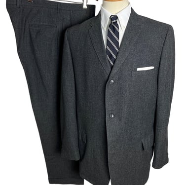 Vintage 1950s/1960s Charcoal Gray Wool Flannel 2pc Sack Suit ~ 42 to 44 Long ~ jacket / blazer / sport coat / pants ~ Preppy / Ivy / Trad 