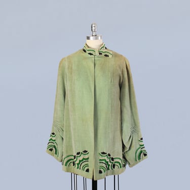 1920s Coat / 20s Green Velvet Jacket / Wooden Beading 