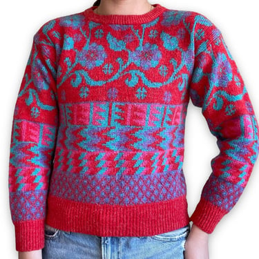 Vintage 80s EZ Spirit Womens Floral Geometric Retro Wool Blend Ski Sweater Sz M 