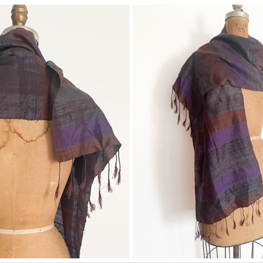 Vintage ‘90s Thai silk scarf | raw silk stripes in purple & rust, table runner or altar cloth 