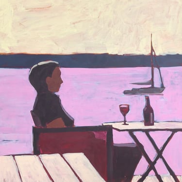 Woman by the Sea #2 - Original Acrylic Painting on Canvas 30 x 30, large, lake, water, michael van, wine, fine art, women, large, pink 