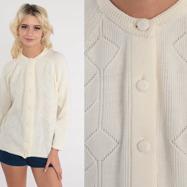 White Pointelle Cardigan 60s 70s Button Up Sweater Open Weave Knit Retro Boho Cutout Sweater Vintage 1960s Raglan Sleeve Geometric Small S 