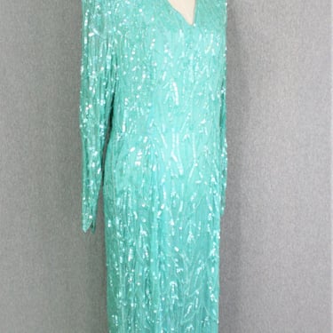 Minty Fresh - Beaded - Sequins on silk - Cocktail Gown - by O. R. Silk - Estimated size L/XL 