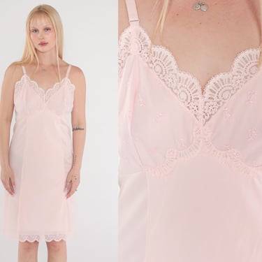 Baby Pink Slip Dress 70s Lace Trim Lingerie Nightgown Mini Full Slip V Neck Empire Waist Floral Embroidered Boho Vintage 1970s Small 36 Tall 