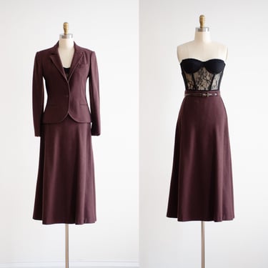 brown wool suit 70s 80s vintage Anne Klein dark brown wool midi skirt suit 