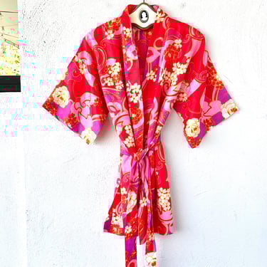 Vintage 60s 70s Psychedelic Liberty House Hawaiian Kimono Cardigan 1960s 1970s Pink Bright Floral Swimsuit Coverup Robe 