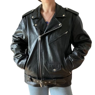 Vintage 1990s Unik Womens Black Leather Biker Moto Grunge Oversized Jacket Sz XL 