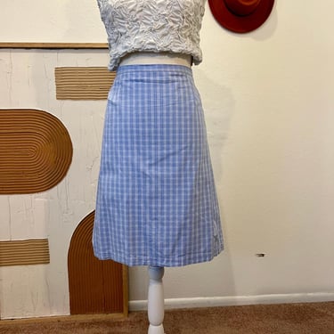 Vintage 90s Blue Plaid 100% Cotton Knee Length Preppy Skirt - 1X 