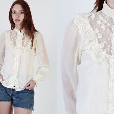 Simple Ivory Victorian Style Blouse / Off White Country Button Up Prairie Blouse / Womens Long Sleeve Field Shirt 