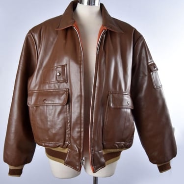 XL QUEEN style 1970's Brown Vinyl Leather Bomber Coat FLIGHT Jacket Military Vintage Reversible Freddie Mercury Wings Jacket 