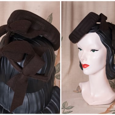 1940s Hat - Jaunty Brown Wool Tilt 40s Hat with Unique Headband with Back Bows a New York Creation Hat 